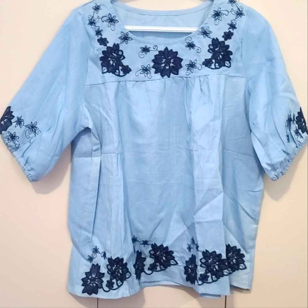 Cute soft jean blouse flair bottom with flower embroidery, one size fits…
